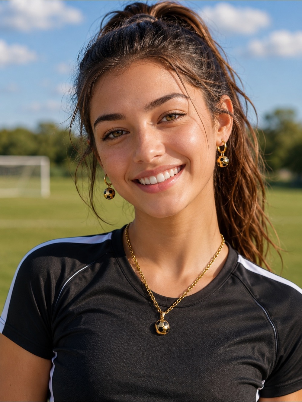 Gold and Black Soccer Ball Pendant Necklace with Matching Hoops - Picture 8 of 11
